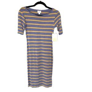 LuLaRoe Julia Bodycon Sheath Dress XXS Horizontal Stripes Denim Blue Yellow